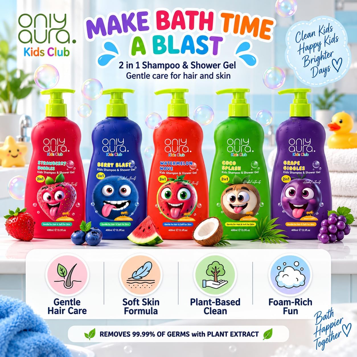 شامپو بدن و شوینده موی کودک اونلی اورا Kids Coco Splash 2-in-1 Shower Gel – میلیلیتر 400